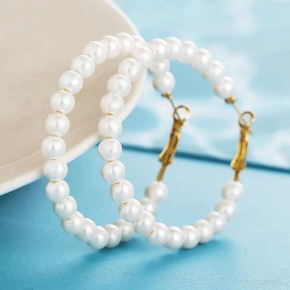 Pearl Gold Toned Hoop Earrings - Picture 1 of 5